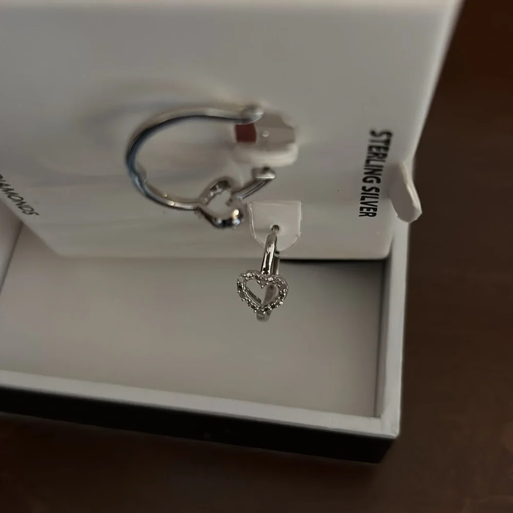 Sterling Silver Diamond Hoop heart Earrings ❤️ - Picture 5 of 6